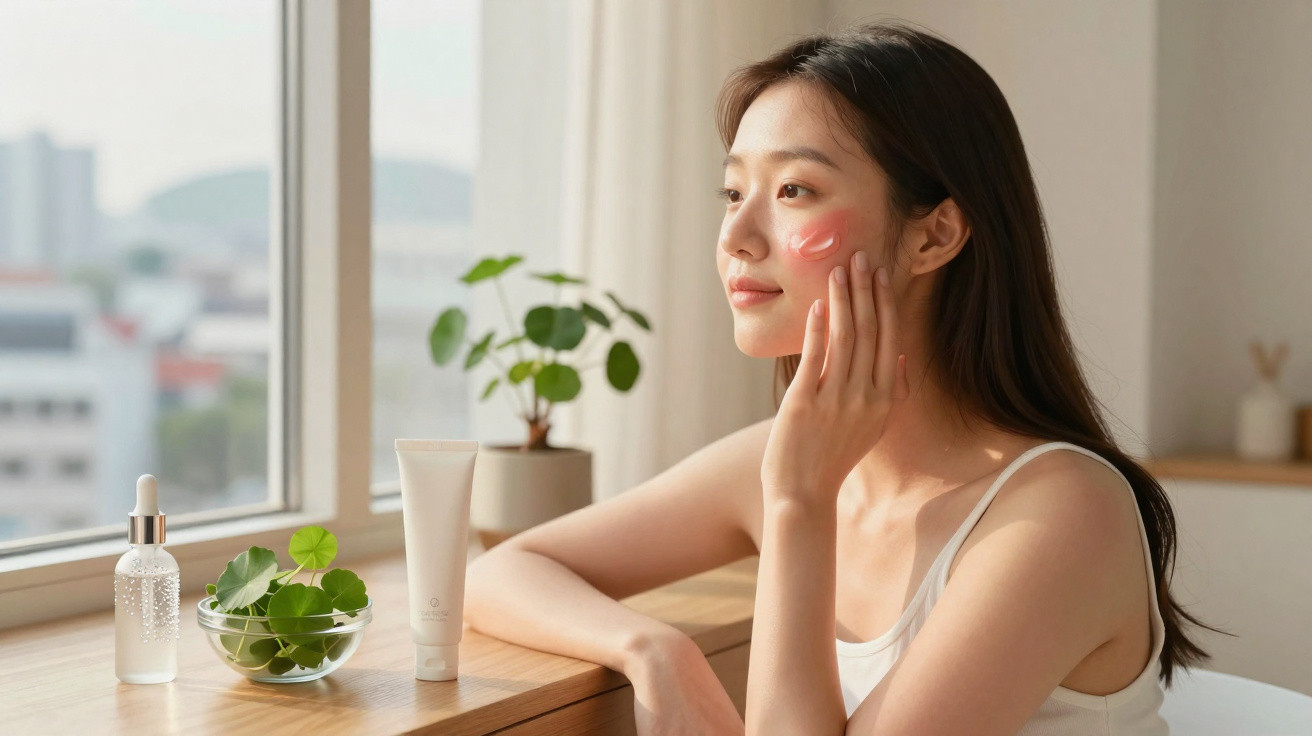 Mulher aplica creme facial junto a janela, com plantas e produtos de beleza numa mesa de madeira.