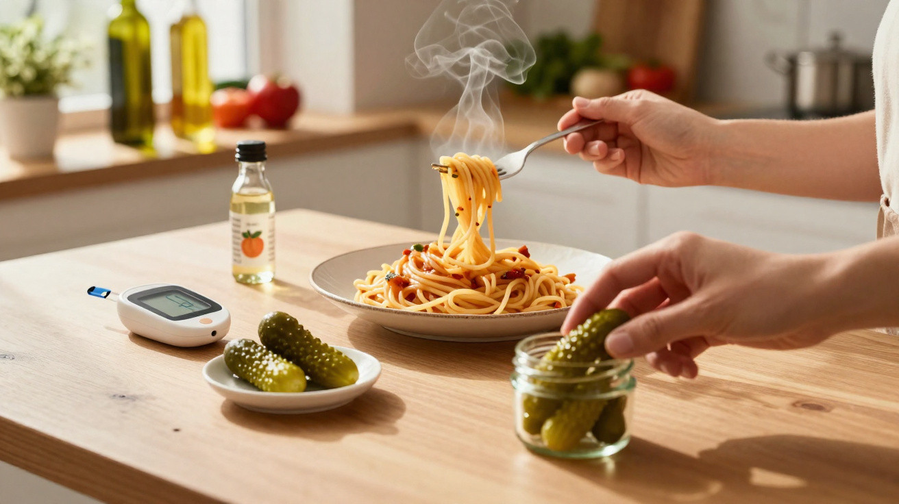 Brancos mãos envolvem espaguete fumegante num prato, próximo a pepinos e medidor de glicose numa cozinha.