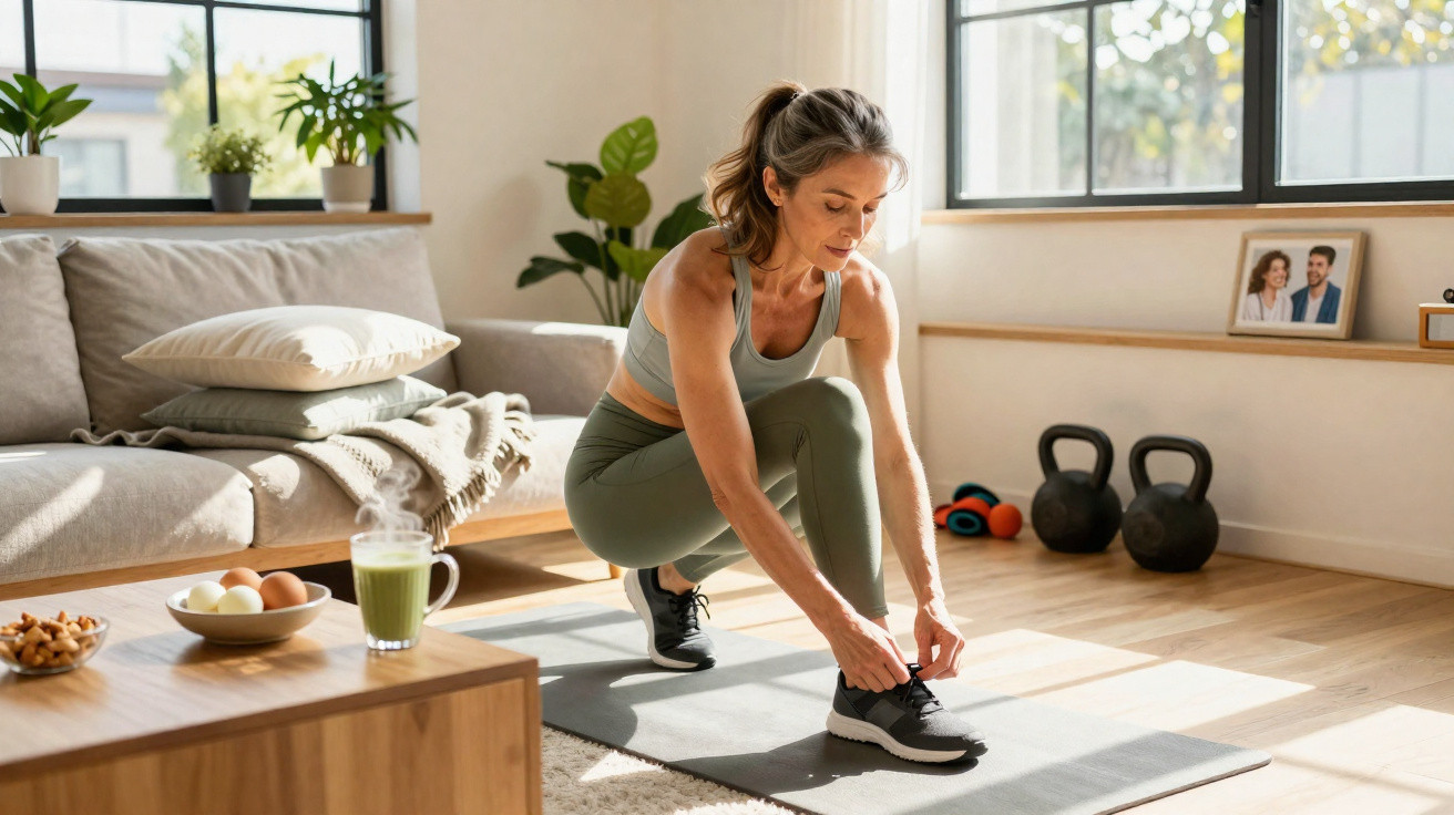 Mulher a amarrar ténis no tapete de exercício numa sala com luz natural e equipamentos de treino ao fundo.