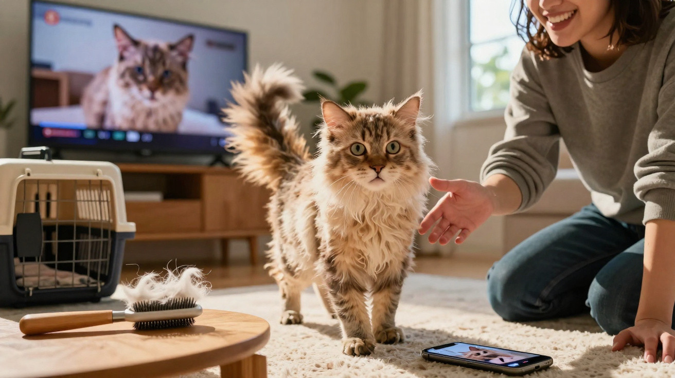 Gato com pelo comprido num tapete, dona a sorrir e smartphone com imagem de gato no chão.