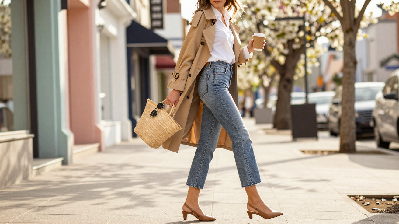 Mulher a caminhar na rua roupa casual com camisa, jeans, casaco bege ao ombro e bolsa de palha.