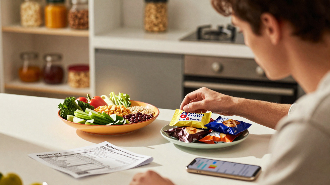Homem sentado a preparar salada com legumes e leguminosas numa mesa de cozinha, ao lado de snacks e telemóvel.
