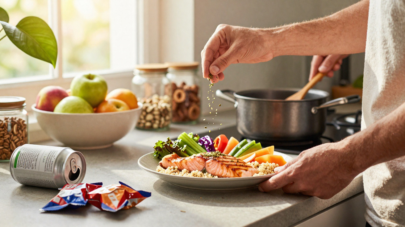 Pessoa a temperar prato com salmão grelhado, legumes e quinoa numa cozinha com bandeja de frutas e snacks.