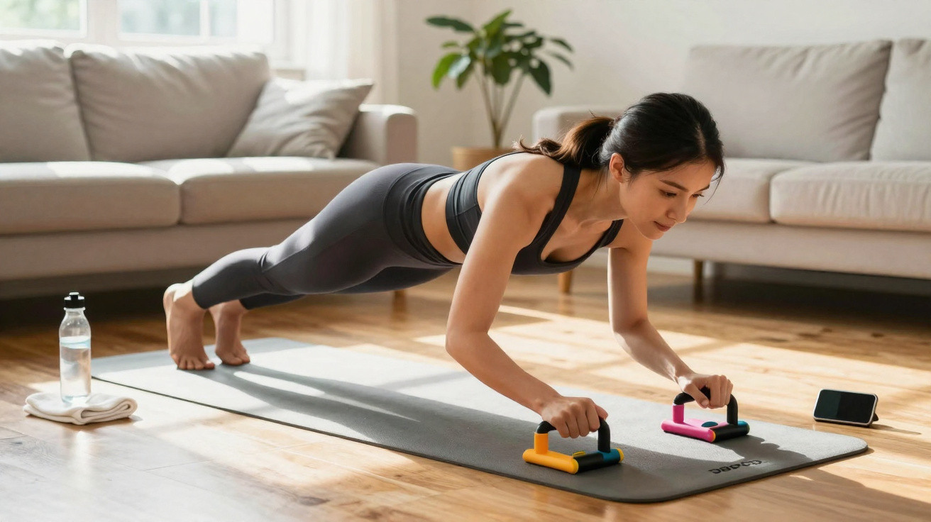 Mulher a fazer prancha com apoios para mãos num tapete de yoga numa sala iluminada.