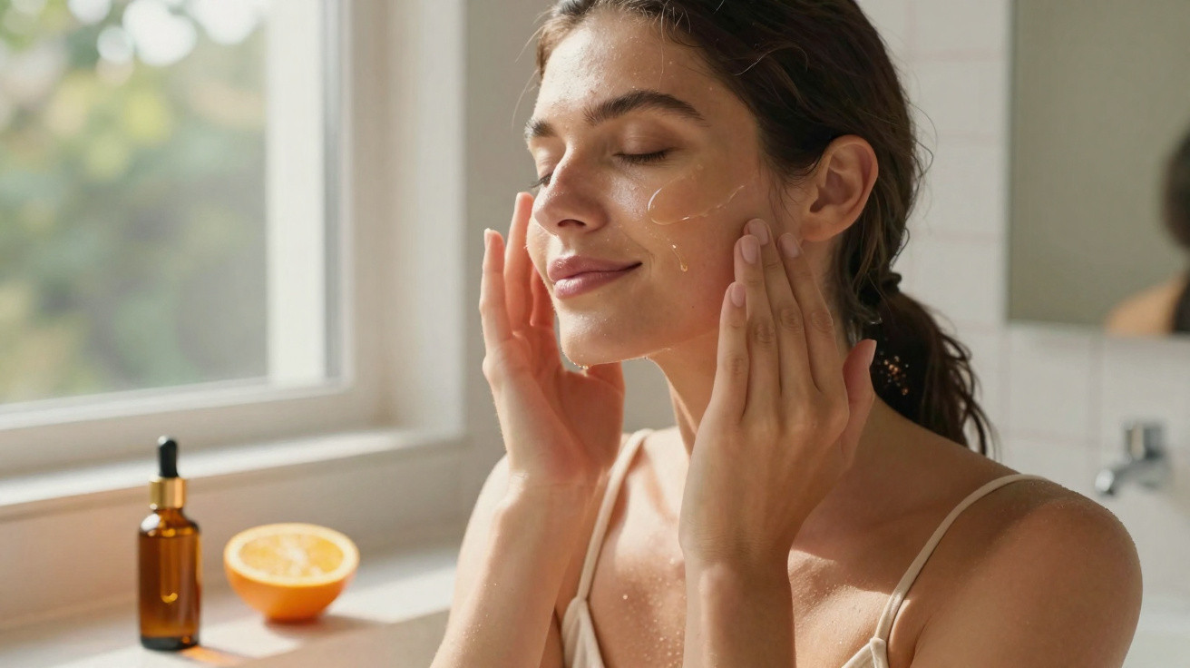 Mulher a aplicar sérum facial num banheiro iluminado, com duas metades de laranja e frasco na janela.