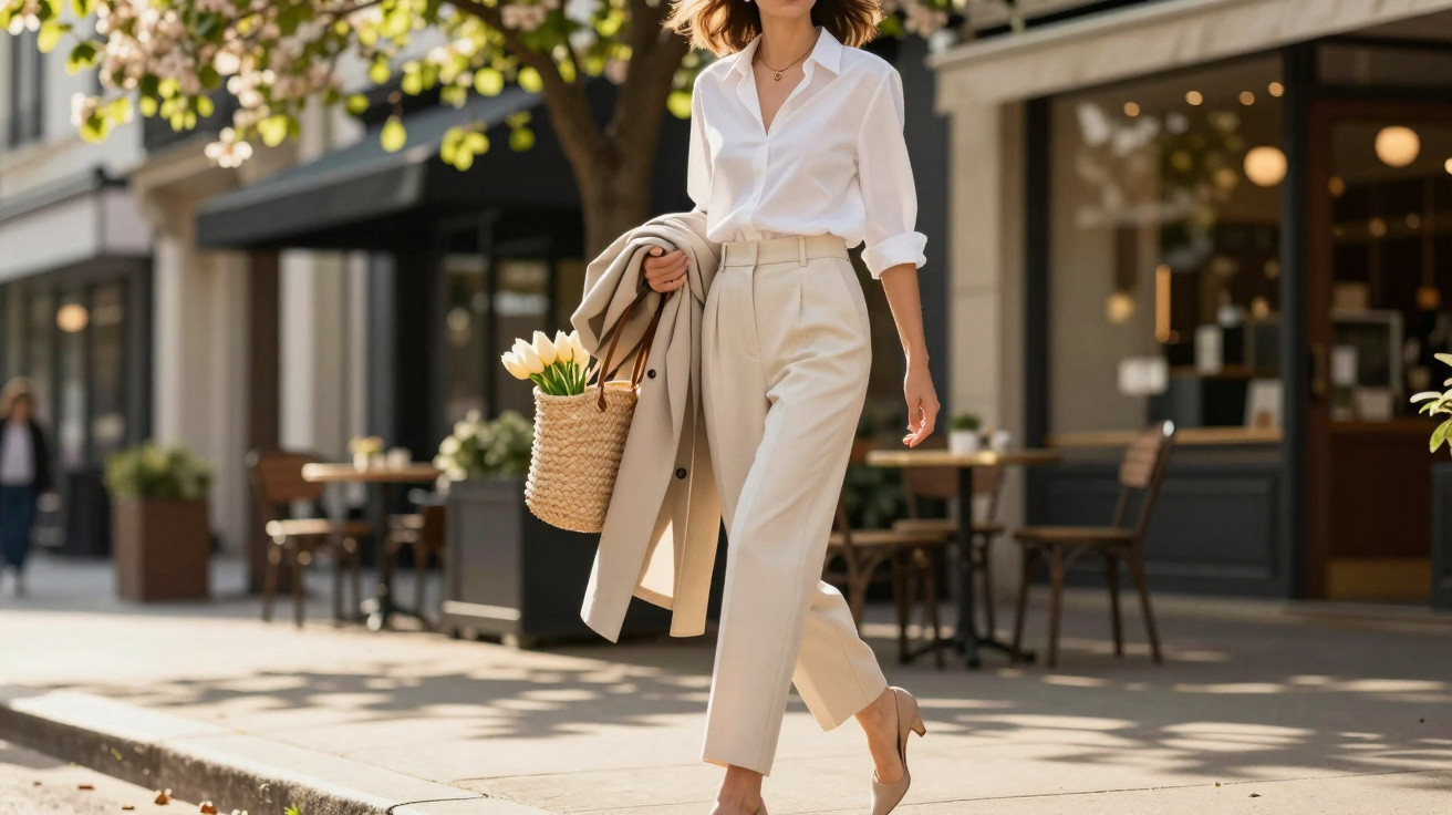 Mulher elegante a andar na rua com roupa clara, segurando flores brancas e um casaco bege.