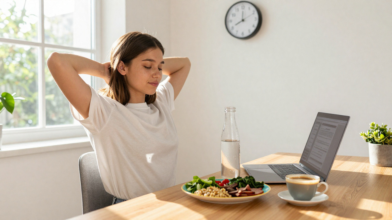Jovem sentado numa mesa com computador, garrafa de água, prato de comida e chá, esticando os braços.