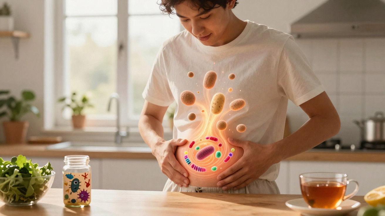 Homem de pé na cozinha segurando a barriga com representação gráfica de micro-organismos intestinais.
