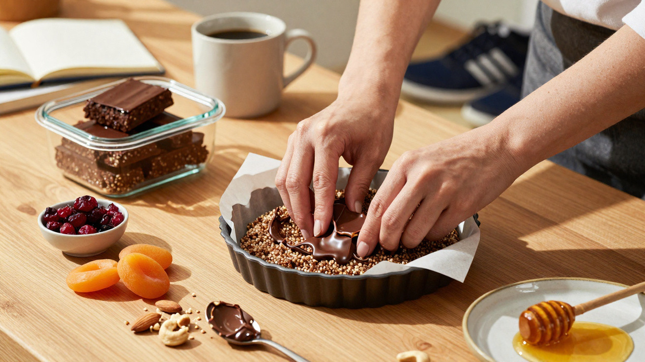 Mãos humanas a preparar sobremesa de chocolate com cereais e sementes numa mesa com frutas secas e mel.