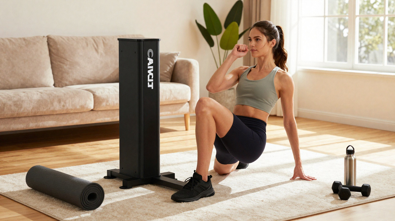 Mulher a exercitar-se em aparelho fitness preto num tapete, numa sala clara com sofá e plantas.