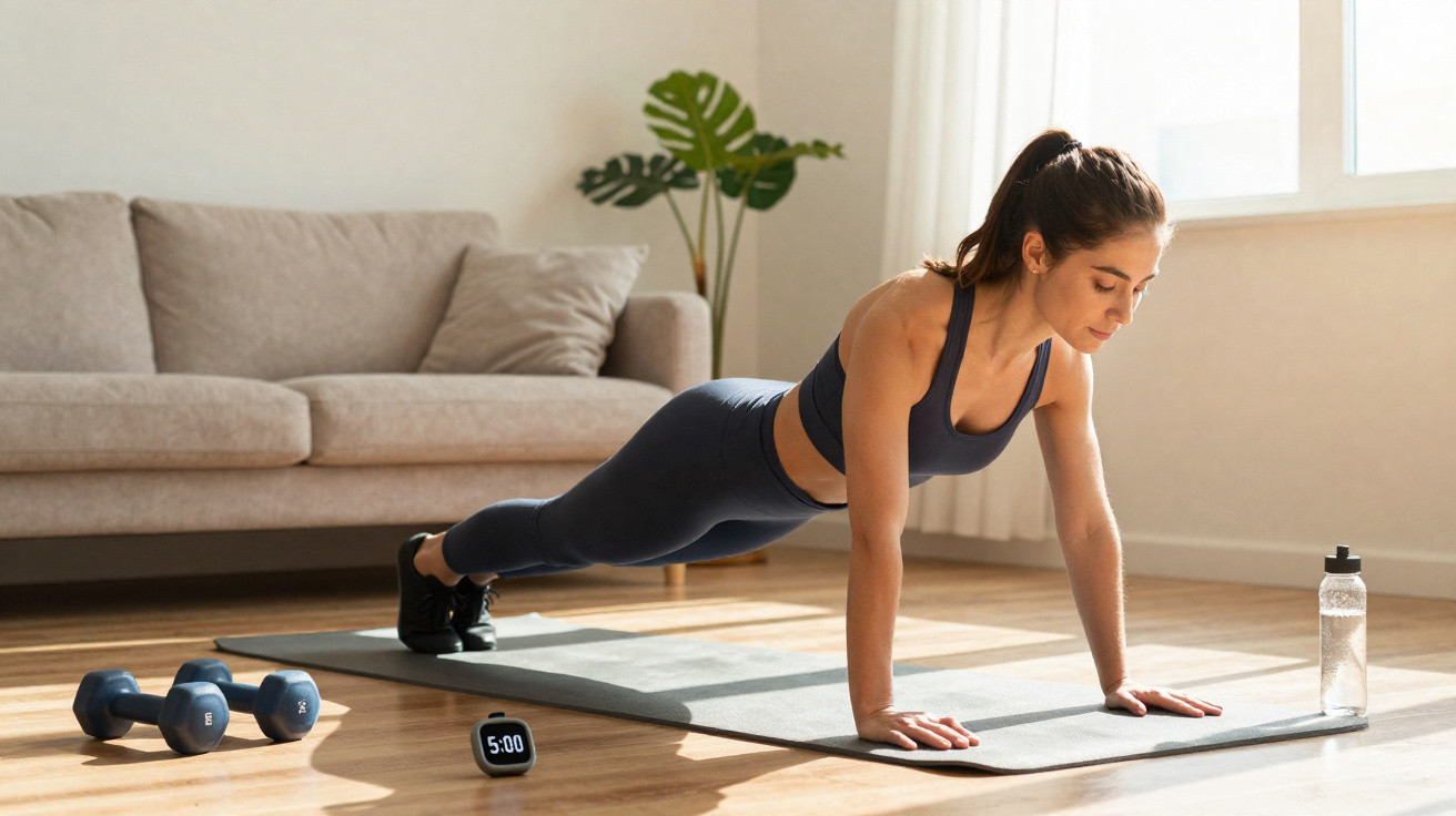 Mulher a fazer prancha em tapete de yoga numa sala com haltere, garrafa de água e cronómetro no chão.
