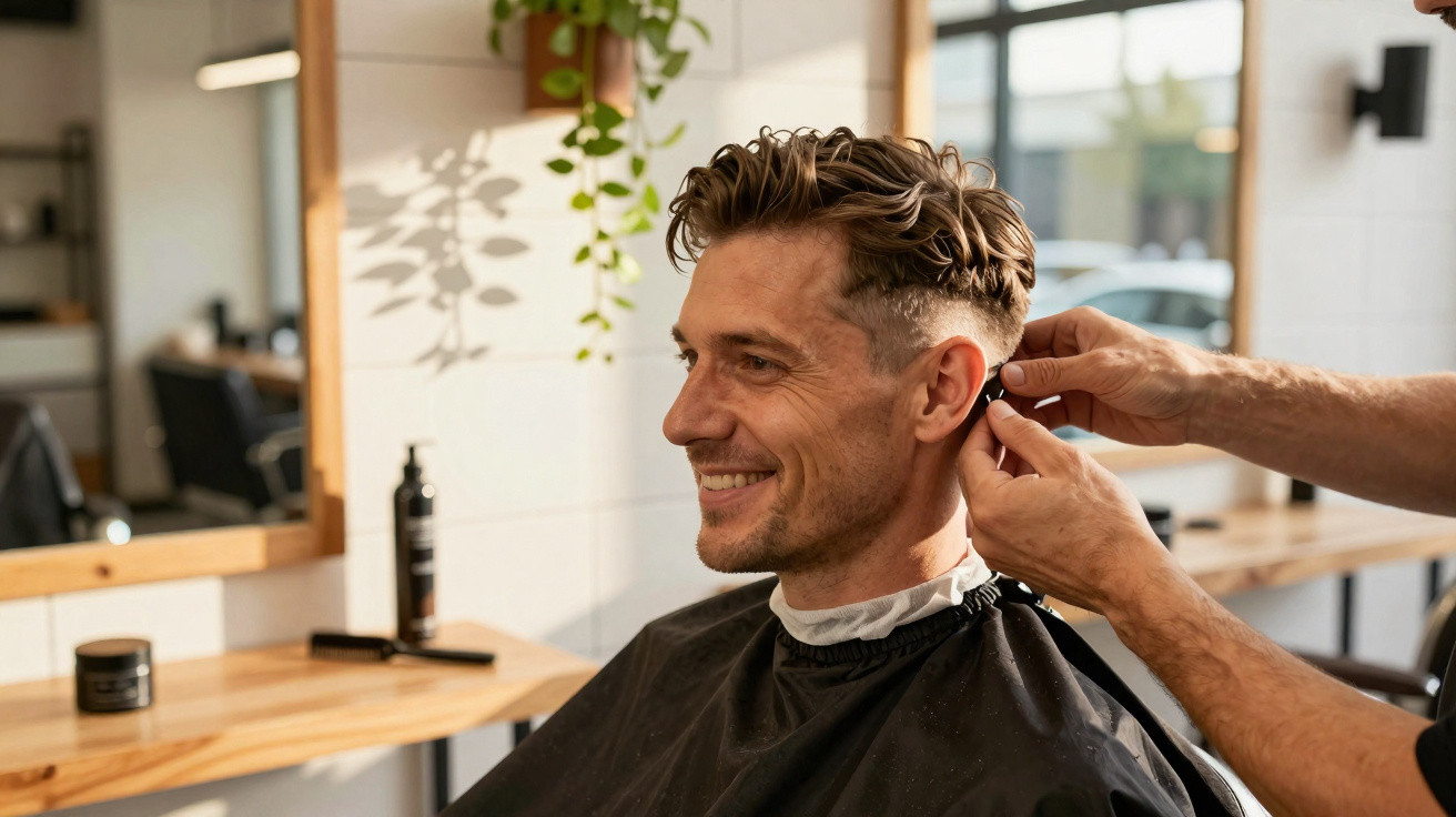 Cliente com cabelo curto e encaracolado a receber acabamento de corte num cabeleireiro contemporâneo.