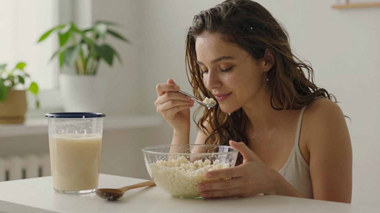 Mulher a saborear arroz-creme num prato de vidro, numa cozinha clara com garrafa de bebida e planta ao fundo.