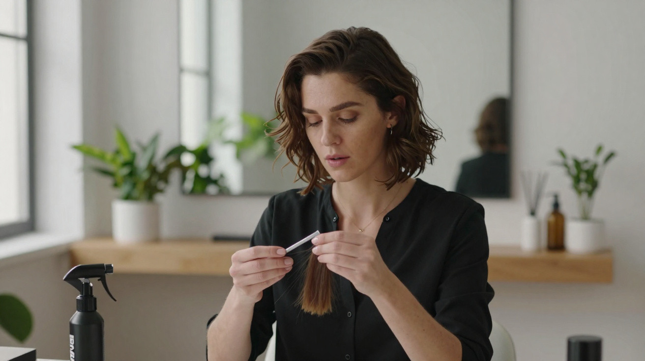 Profissional a pentear cabelo de mulher sentada num ambiente luminoso e moderno.