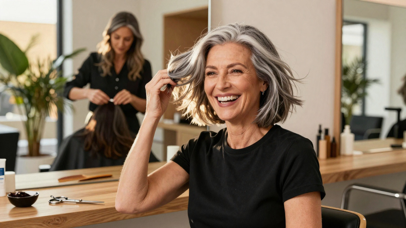 Mulher grisalha sorridente a tocar no cabelo num salão de cabeleireiro moderno, com cabeleireira ao fundo.