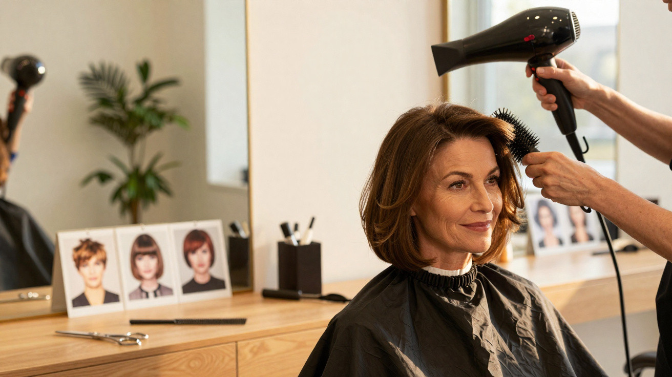 Mulher sentada em cabeleireiro a secar o cabelo com secador e escova, rosto calmo e sorriso discreto.