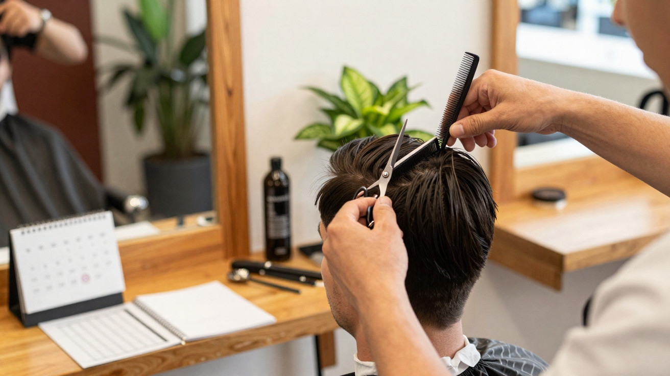 Cabeleireiro corta o cabelo de um homem num salão com espelho e mesa de madeira.