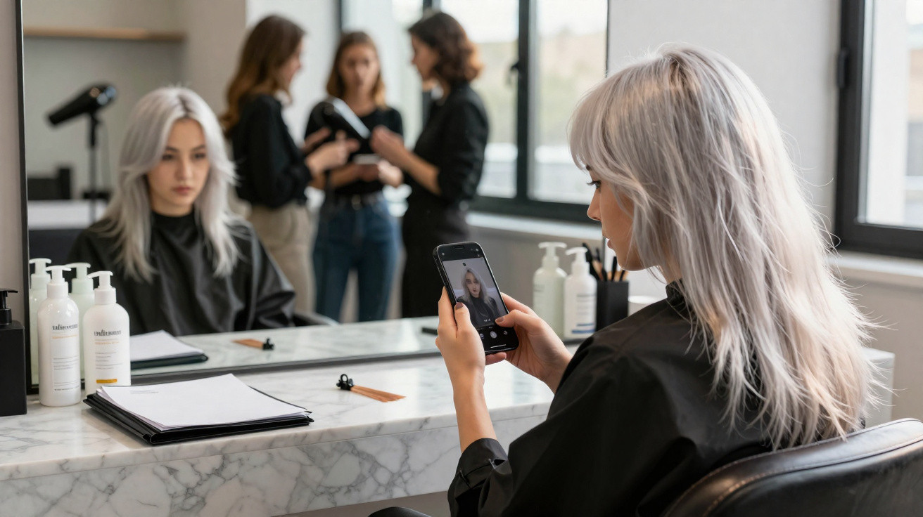 Mulher com cabelo loiro prateado sentada num salão de cabeleireiro a usar telemóvel.
