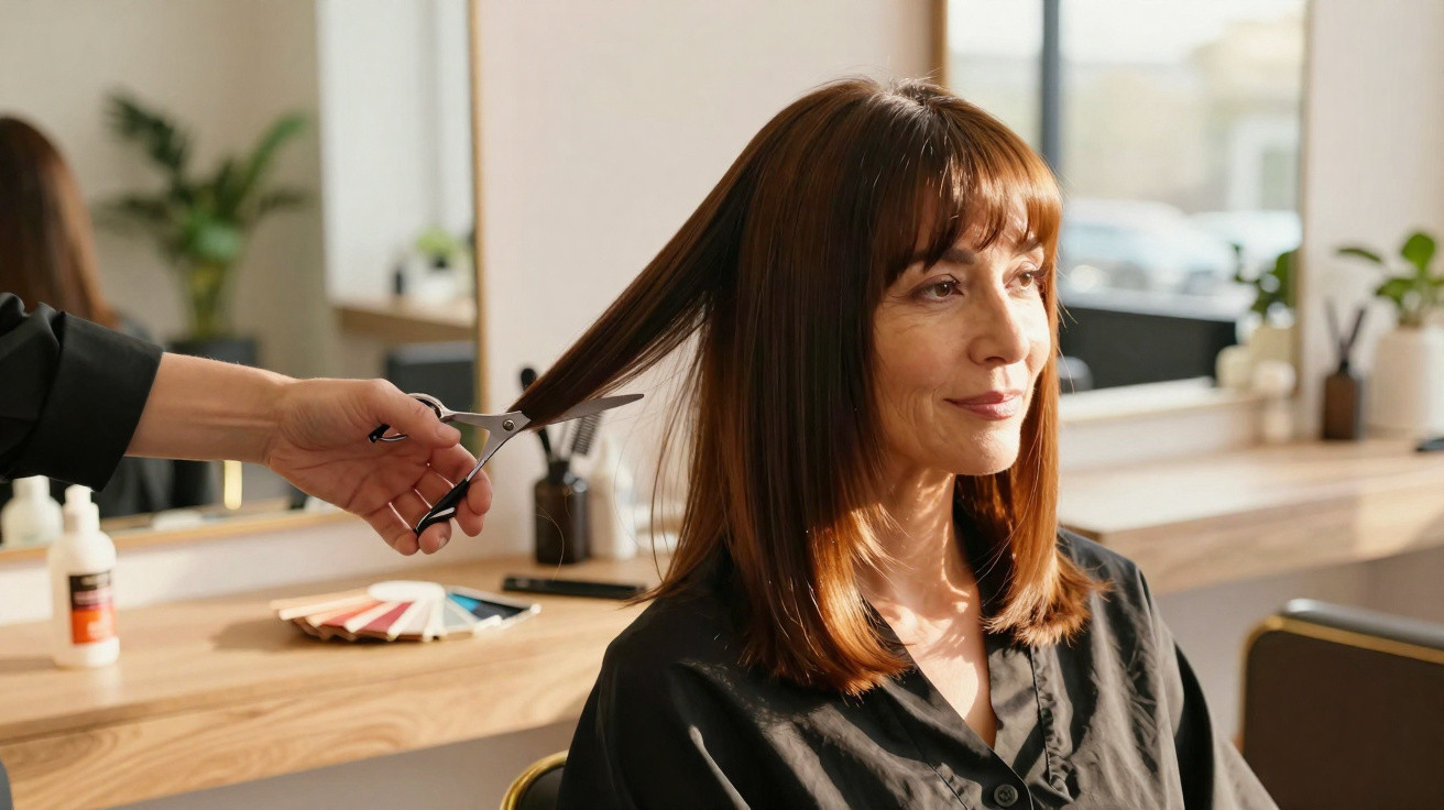Mulher de cabelo castanho comprido a receber corte de cabelo num salão de beleza.