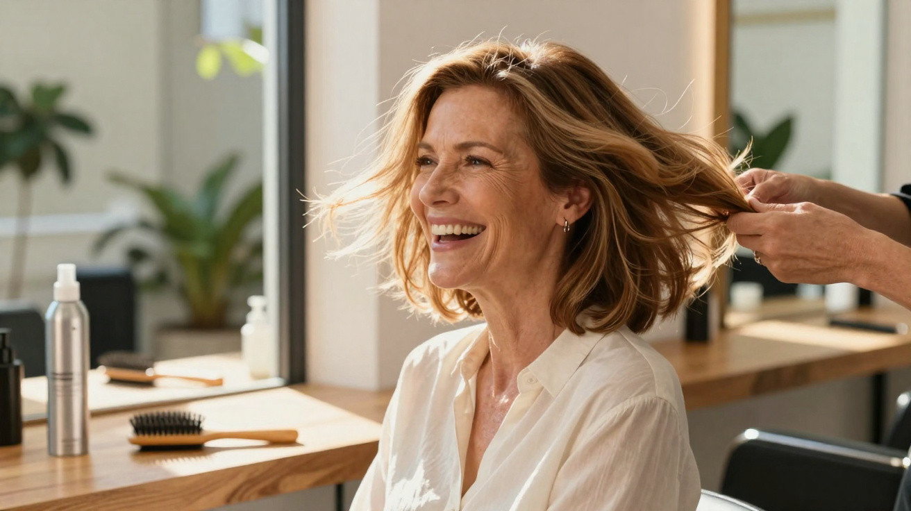 Mulher sorridente com cabelo loiro médio a ser penteado num salão de cabeleireiro moderno.