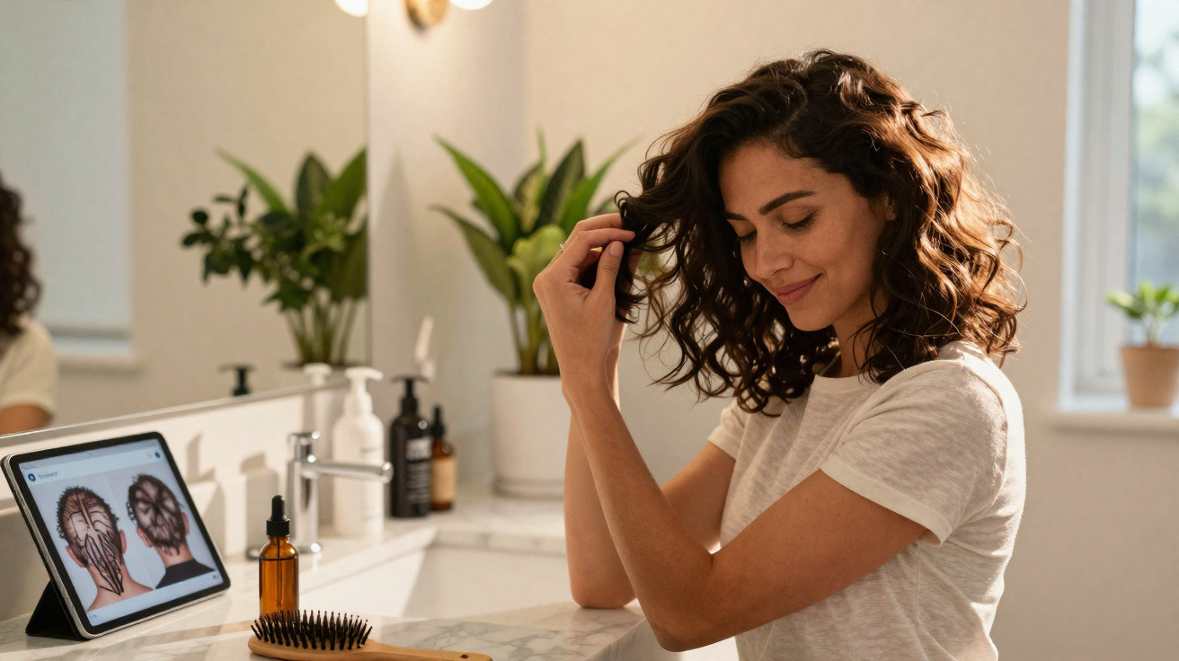 Mulher com cabelo encaracolado toca no cabelo num quarto de banho com tablet e produtos de cuidados capilares.