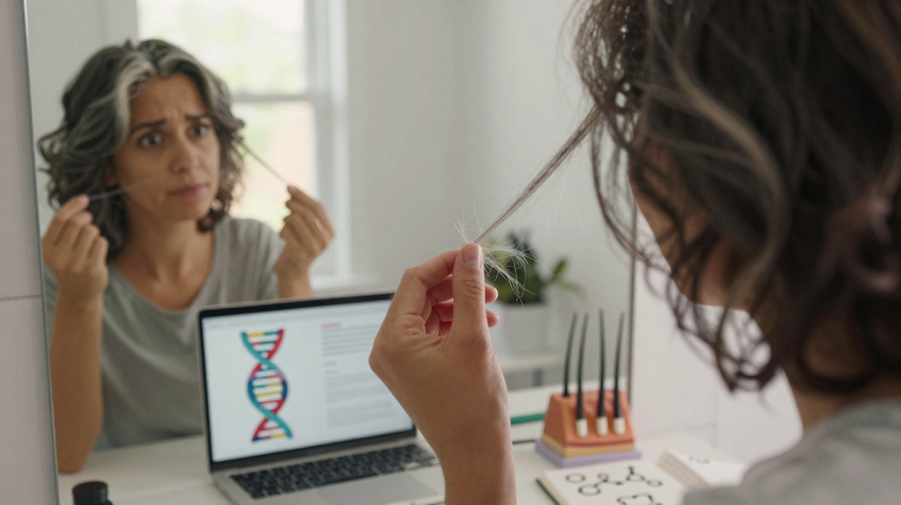 Mulher a olhar preocupada para o cabelo enquanto estuda genética no computador e em caderno numa mesa.
