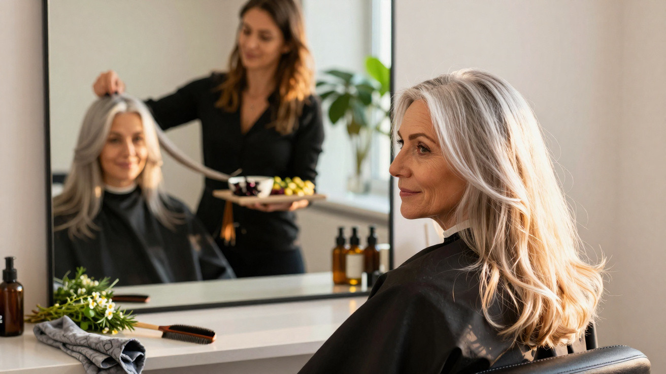 Mulher de cabelo grisalho sorridente sentada no cabeleireiro a ser penteada por uma profissional.