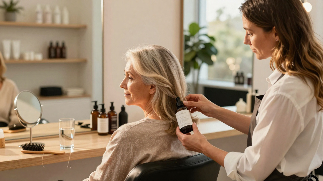 Salão de beleza, jovem mulher preparando cabelo de senhora loira sentada, com produtos e espelho à frente.