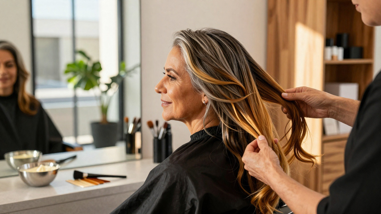 Mulher séria sentada no cabeleireiro a receber tratamento no cabelo de um profissional.