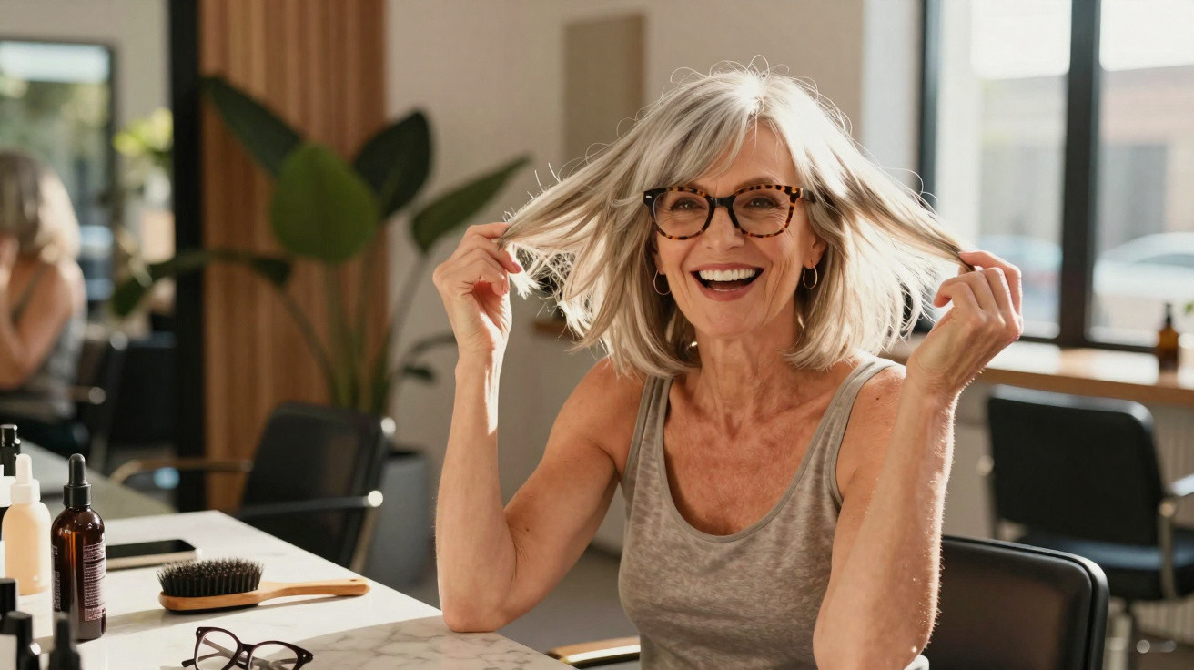 Mulher madura sorridente a brincar com o cabelo num salão de cabeleireiro iluminado e moderno.