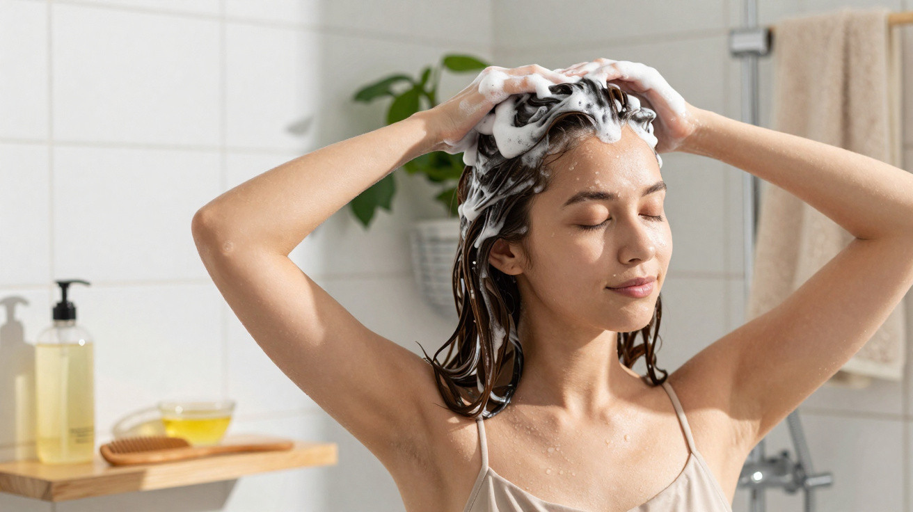 Mulher a lavar o cabelo com espuma num ambiente de casa de banho luminoso e minimalista.