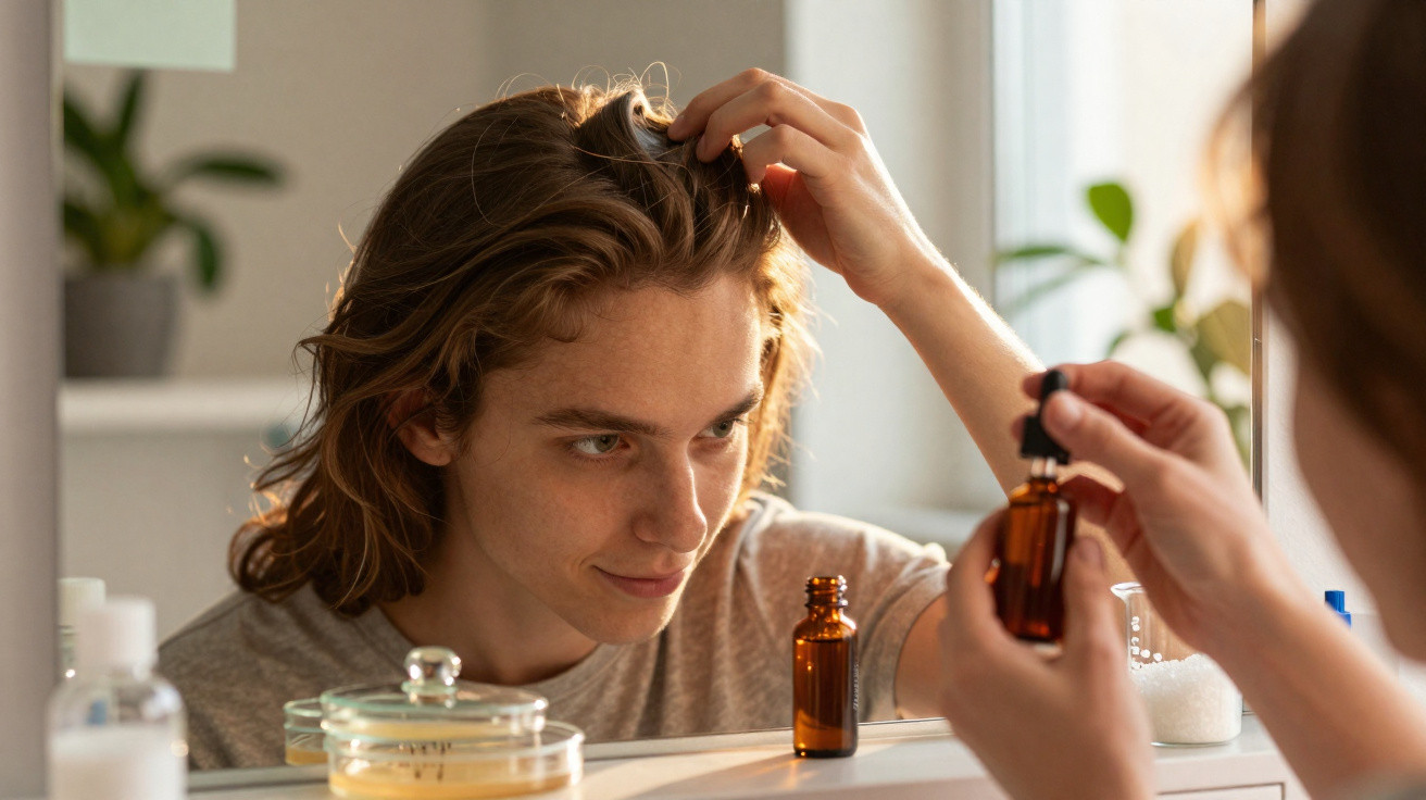 Mulher aplica sérum capilar com conta-gotas em ambiente iluminado e relaxante.