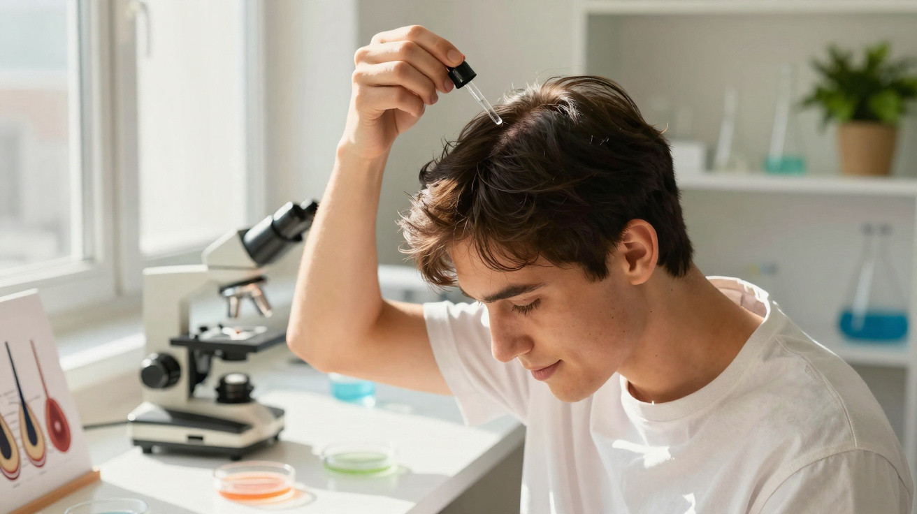 Jovem a aplicar solução capilar com conta-gotas numa cabeça, em ambiente de laboratório com microscópio.