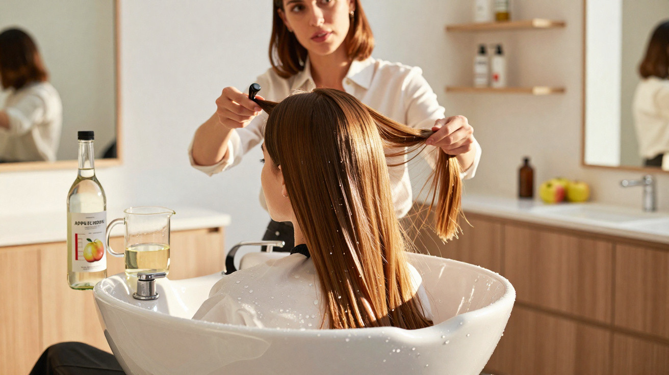 Cliente a lavar o cabelo numa cadeira de salão com profissional a segurar o cabelo molhado.