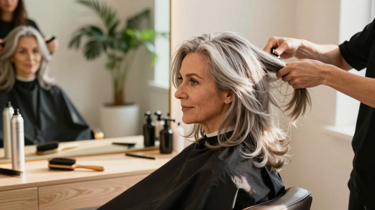 Mulher de cabelo grisalho a ser penteada por cabeleireiro num salão de beleza.