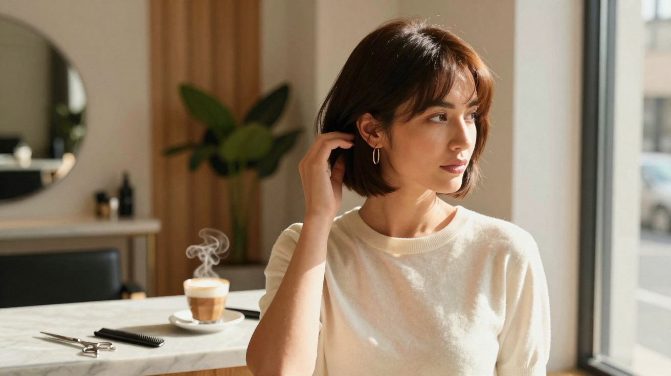 Mulher jovem a ajeitar o cabelo numa mesa perto de janela com luz natural, com café fumegante ao fundo.