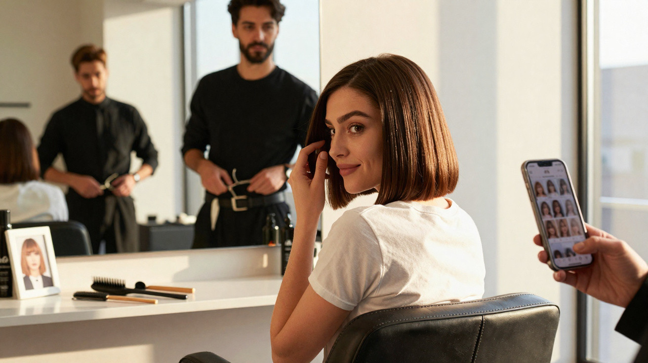 Mulher sentada num cabeleireiro a olhar para o telemóvel enquanto cabeleireiro lhe apanha o cabelo curto castanho.