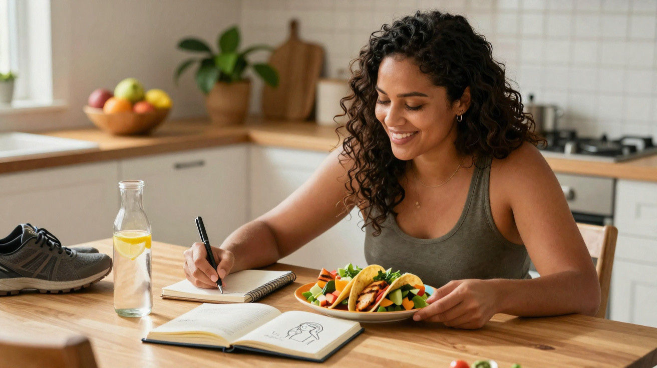 Mulher sorridente a escrever num caderno, com tacos e água numa mesa de cozinha em madeira.