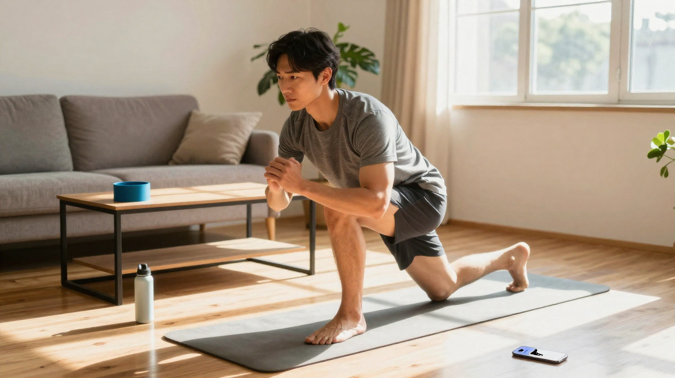 Jovem a fazer exercício de alongamento numa sala de estar com tapete de yoga e smartphone ao lado.