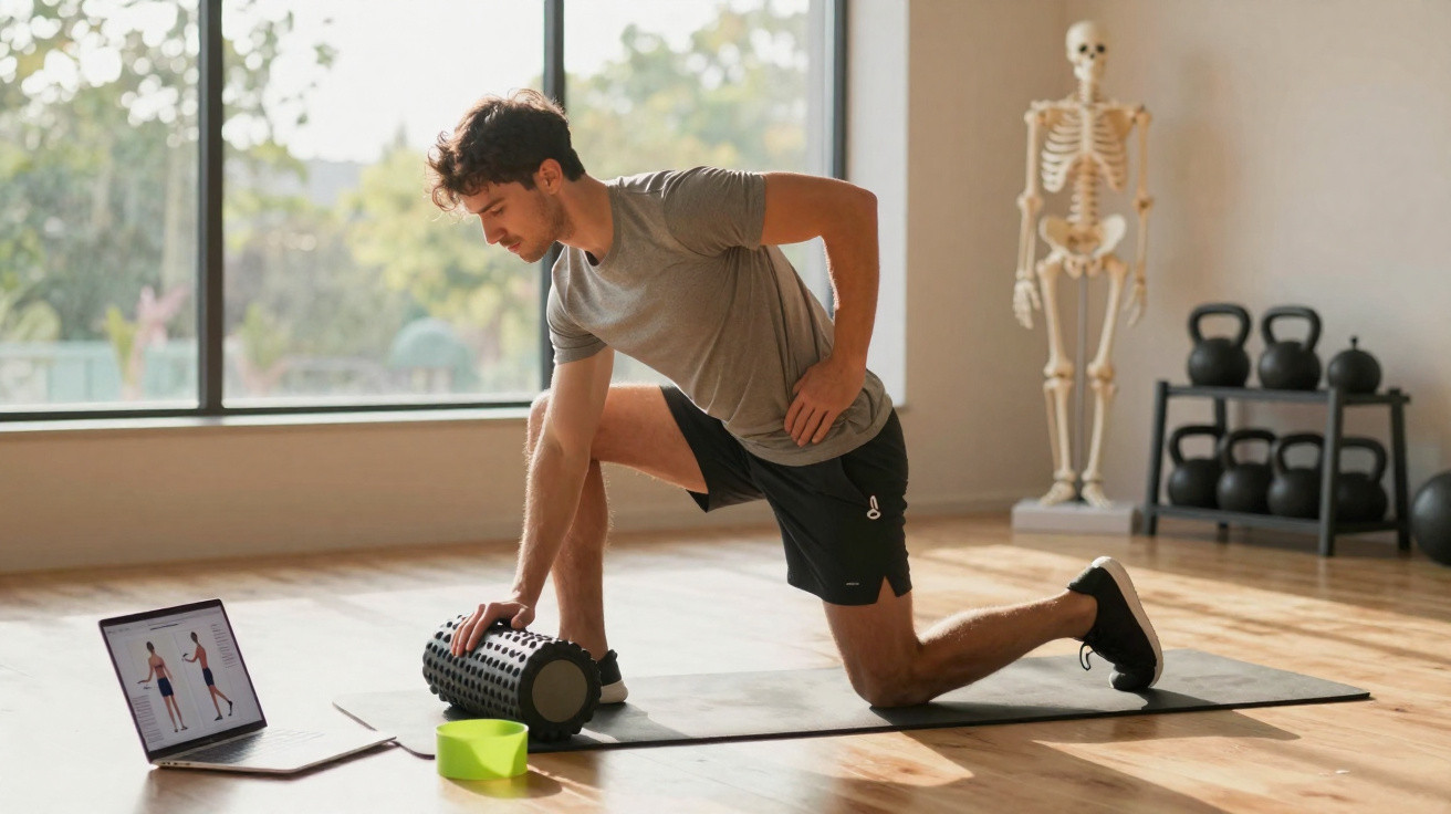 Homem a fazer alongamentos num tapete de yoga, com laptop e material de treino ao lado, em sala iluminada.