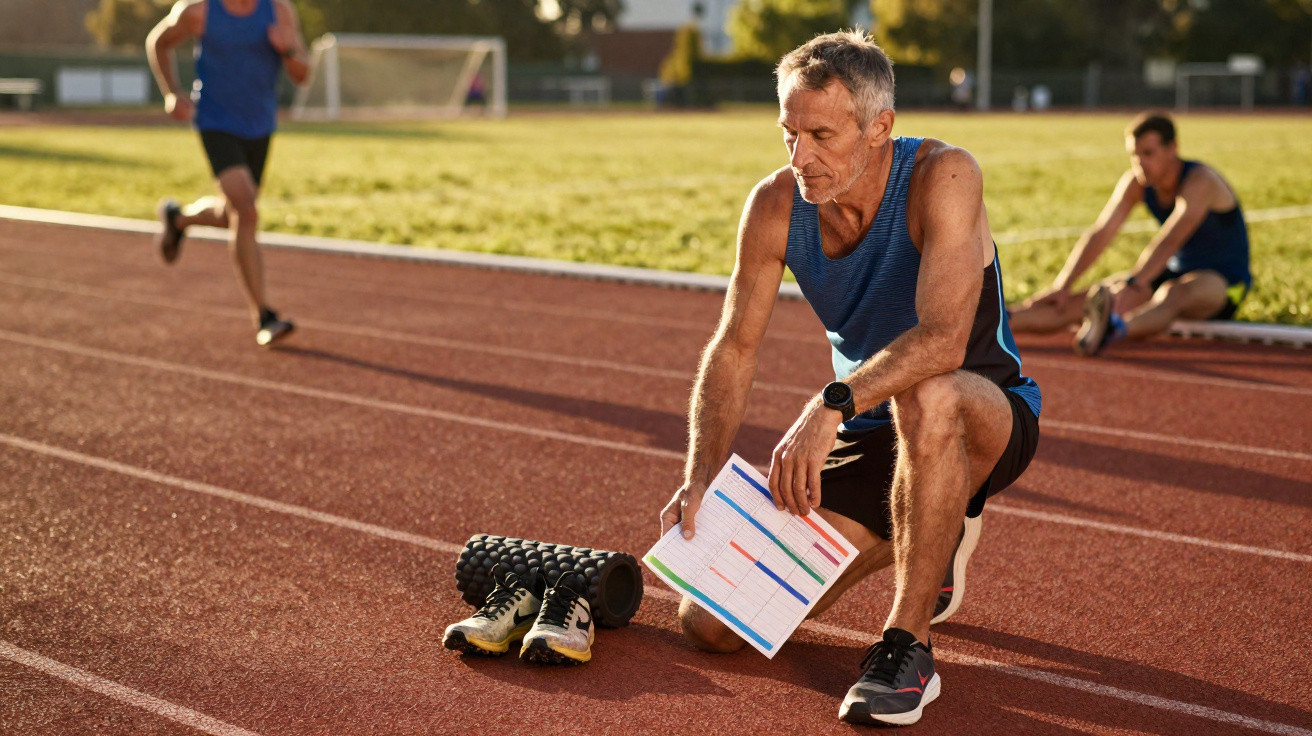 Homem idoso a ajoelhar numa pista de atletismo com um plano de treino e equipamentos no chão.