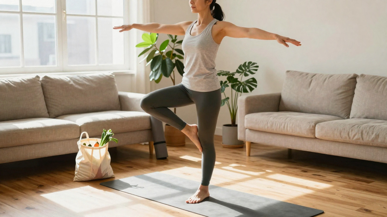 Pessoa a praticar yoga numa sala clara com tapete, sofá, cadeira e saco de compras com legumes.