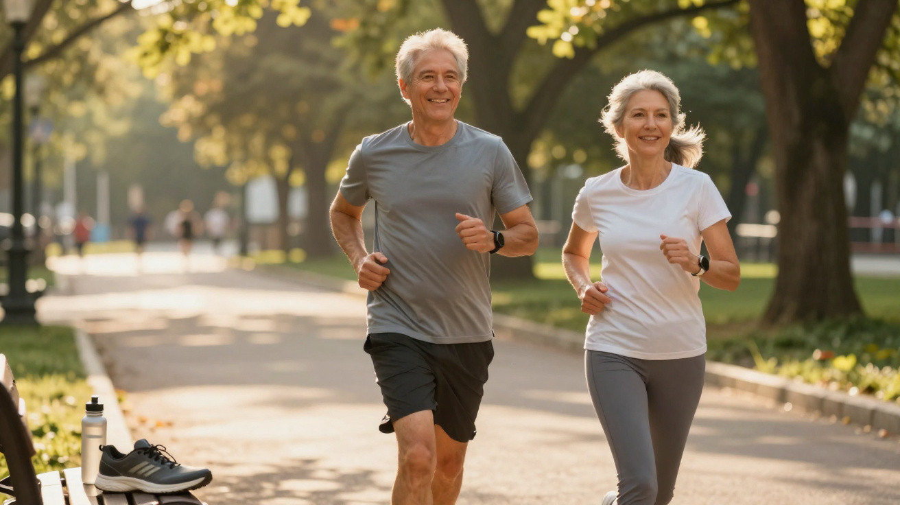 Casal sénior a correr no parque num dia ensolarado, ambos sorridentes e vestidos com roupa desportiva.
