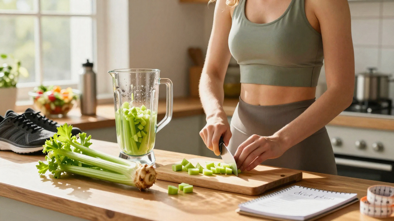 Mulher a preparar sumo verde de aipo numa cozinha luminosa, com caderno de plano alimentar ao lado.