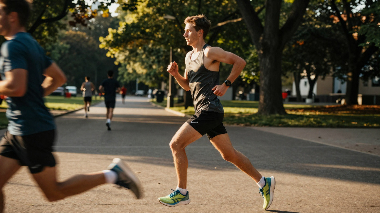 Homem a correr com fato de treino cinzento num parque ao pôr do sol com outras pessoas a correr ao fundo.