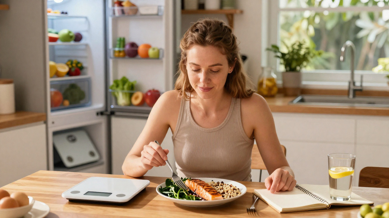Mulher sentada a comer salmão grelhado com legumes, água e um caderno na mesa da cozinha.