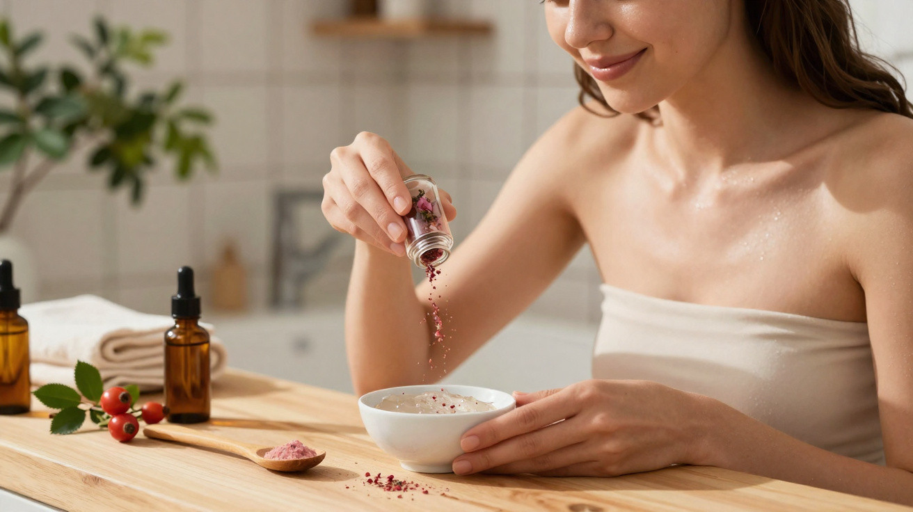 Mulher a preparar esfoliante caseiro com ingredientes naturais numa tigela na cozinha.