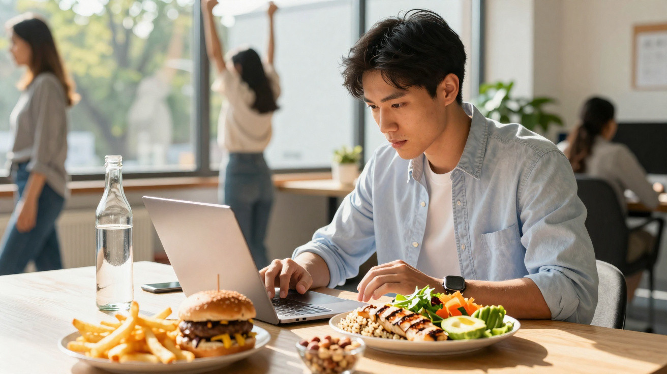 Jovem a trabalhar num portátil numa mesa com hambúrguer, batatas fritas, água e salada num ambiente de escritório.