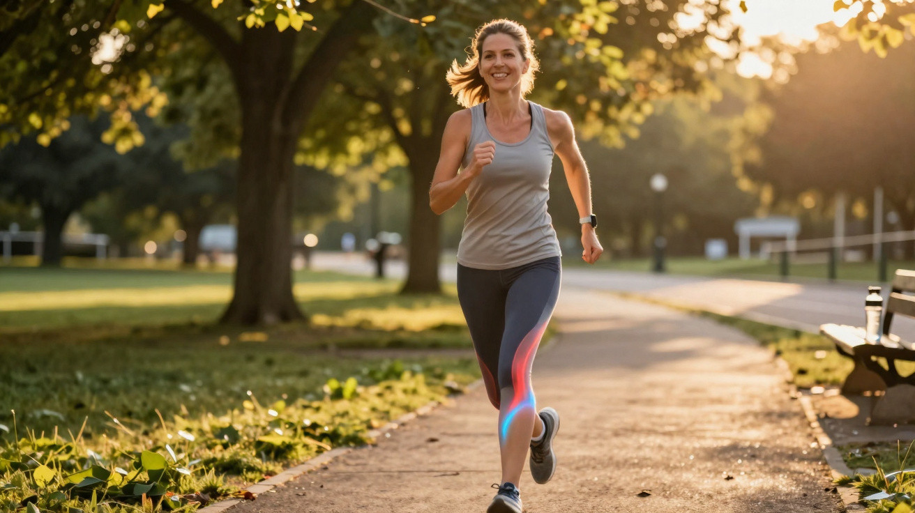 Mulher a correr num parque ao entardecer, vestindo roupa desportiva cinza e preta.