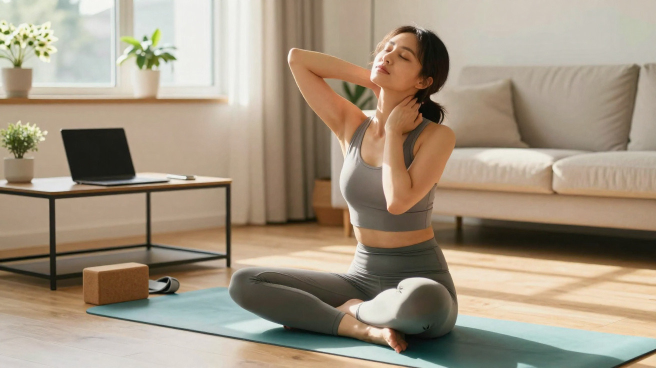 Mulher a fazer alongamentos no tapete de yoga numa sala iluminada e confortável.